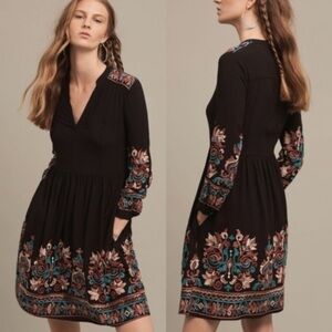 Floreat (Anthropologie) Black Dress with Colorful Embroidery